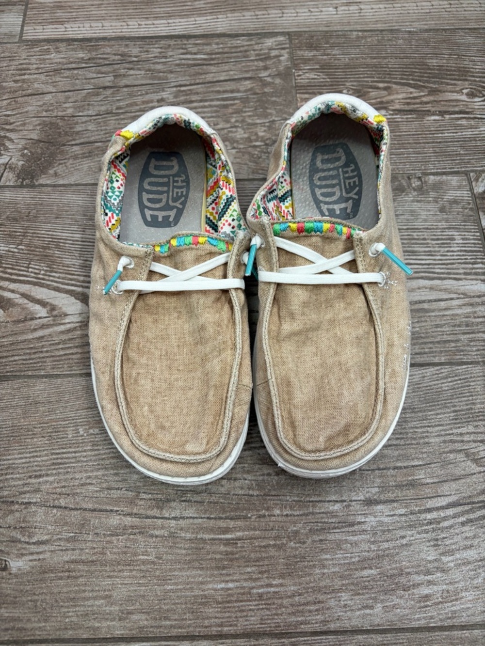 Hey Dude Beige Canvas Casual Shoes with Colorful Rainbow Trim